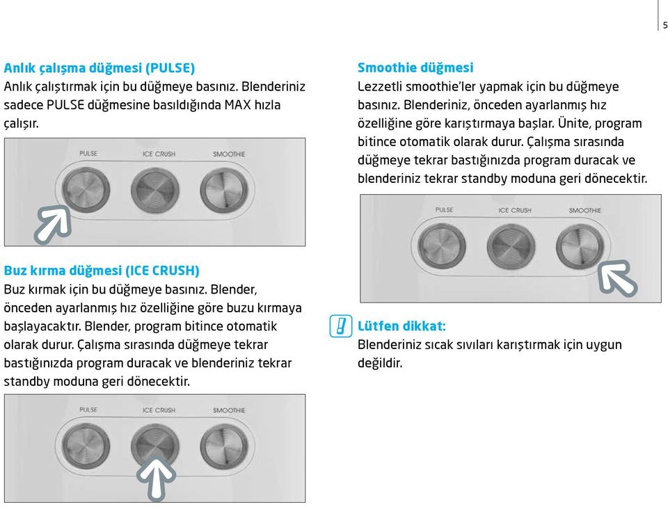 Çalışma sırasında düğmeye tekrar bastığınızda program duracak ve blenderiniz tekrar standby moduna geri dönecektir. Buz kırma düğmesi (ICE CRUSH) Buz kırmak için bu düğmeye basınız.