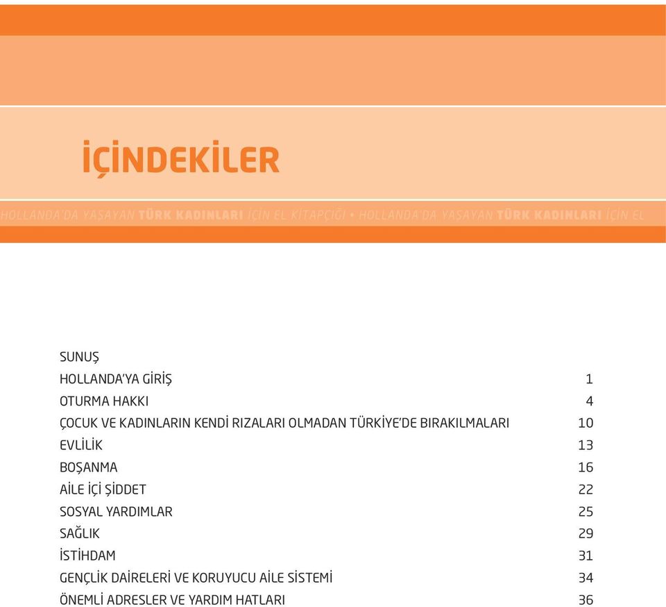 OLMADAN TÜRKİYE DE BIRAKILMALARI 10 EVLİLİK 13 BOŞANMA 16 AİLE İÇİ ŞİDDET 22 SOSYAL YARDIMLAR 25