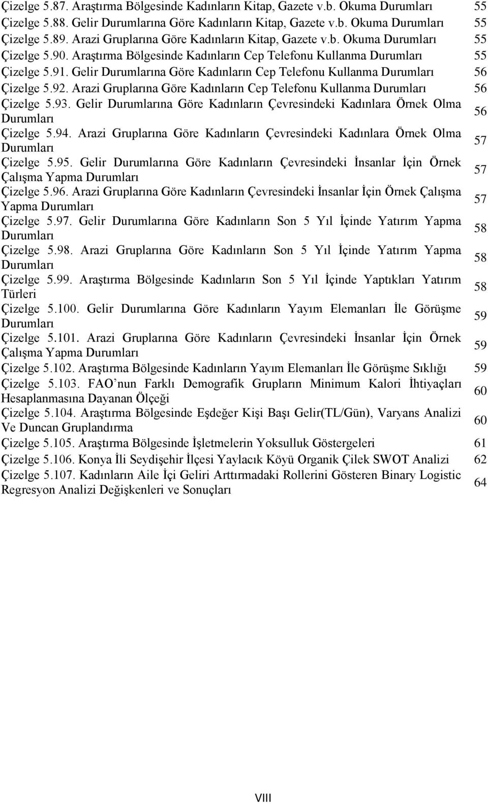 Gelir Durumlarına Göre Kadınların Cep Telefonu Kullanma Durumları 56 Çizelge 5.92. Arazi Gruplarına Göre Kadınların Cep Telefonu Kullanma Durumları 56 Çizelge 5.93.