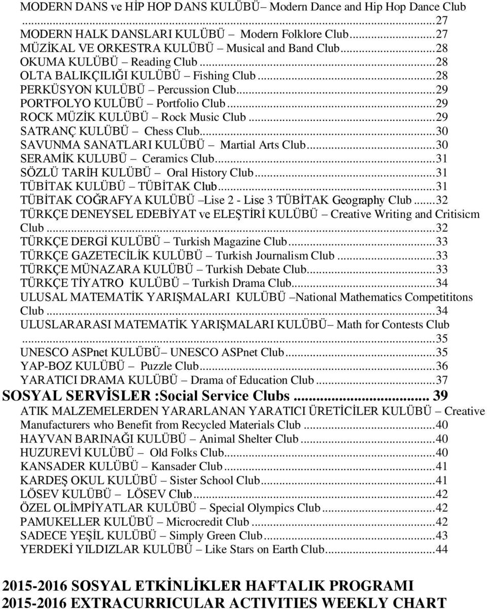 .. 29 SATRANÇ KULÜBÜ Chess Club... 30 SAVUNMA SANATLARI KULÜBÜ Martial Arts Club... 30 SERAMİK KULUBÜ Ceramics Club... 31 SÖZLÜ TARİH KULÜBÜ Oral History Club... 31 TÜBİTAK KULÜBÜ TÜBİTAK Club.