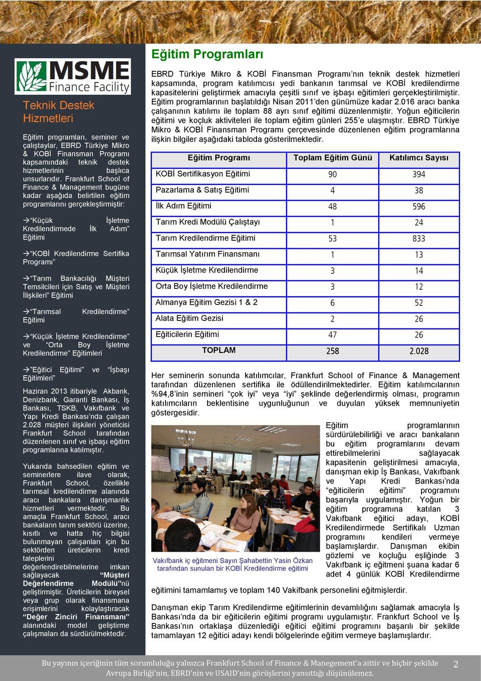 Tarım Bankacılığı Müşteri Temsilcileri için Satış ve Müşteri İlişkileri Eğitimi Tarımsal Eğitimi Kredilendirme Küçük İşletme Kredilendirme ve Orta Boy İşletme Kredilendirme Eğitimleri Eğitici Eğitimi