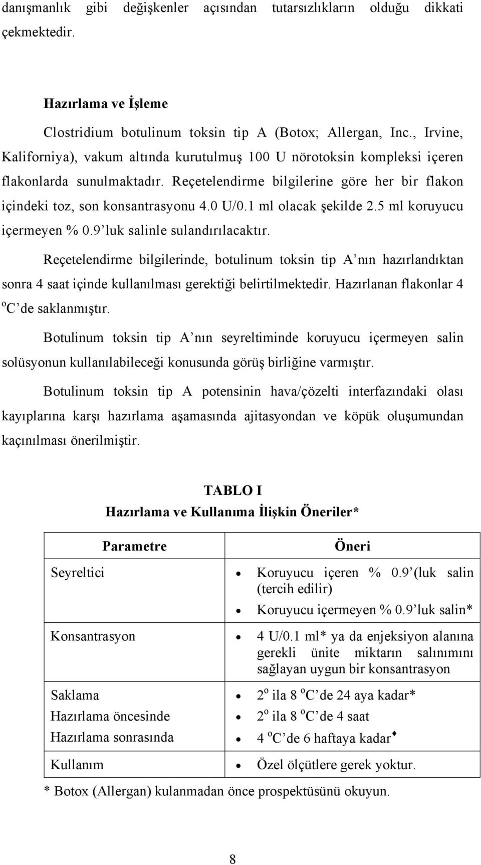 1 ml olacak şekilde 2.5 ml koruyucu içermeyen % 0.9 luk salinle sulandırılacaktır.