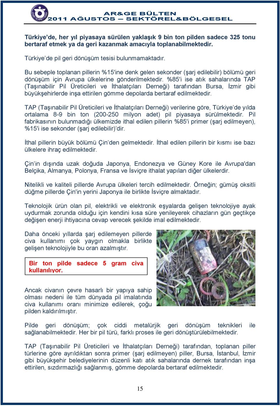 %85 i ise atık sahalarında TAP (Taşınabilir Pil Üreticileri ve İthalatçıları Derneği) tarafından Bursa, İzmir gibi büyükşehirlerde inşa ettirilen gömme depolarda bertaraf edilmektedir.