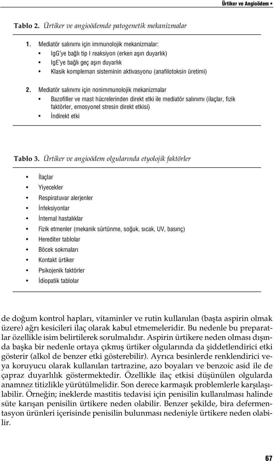 Mediatör sal n m için nonimmunolojik mekanizmalar Bazofiller ve mast hücrelerinden direkt etki ile mediatör sal n m (ilaçlar, fizik faktörler, emosyonel stresin direkt etkisi) ndirekt etki Tablo 3.