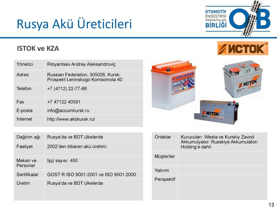 ru/ Dağıtım ağı Faaliyet Rusya da ve BDT ülkelerde 2002 den itibaren akü üretimi. Ortaklar Kurucuları: Westa ve Kurskiy Zavod Akkumulyator.