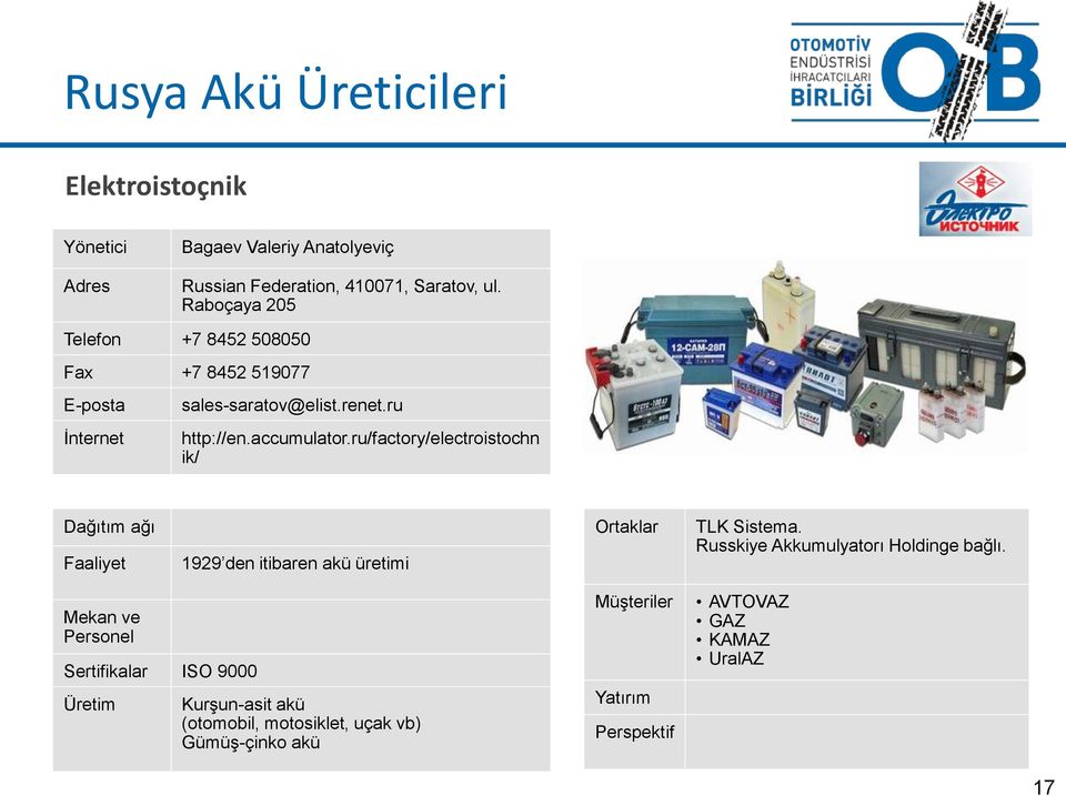 ru/factory/electroistochn ik/ Dağıtım ağı Faaliyet 1929 den itibaren akü üretimi Ortaklar TLK Sistema.