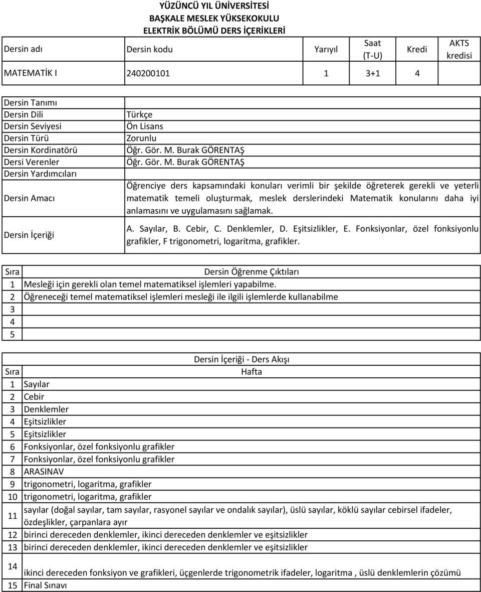 Burak GÖRENTAŞ Öğrenciye ders kapsamındaki konuları verimli bir şekilde öğreterek gerekli ve yeterli matematik temeli oluşturmak, meslek derslerindeki Matematik konularını daha iyi anlamasını ve