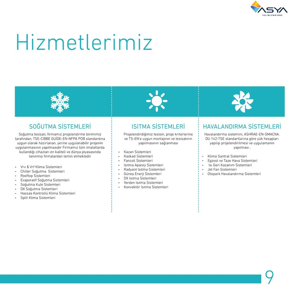 Sistemleri - Rooftop Sistemleri - Evaporatif Soğutma Sistemleri - Soğutma Kule Sistemleri - DX Soğutma Sistemleri - Hassas Kontrollü Klima Sistemleri - Split Klima Sistemleri ISITMA SİSTEMLERİ