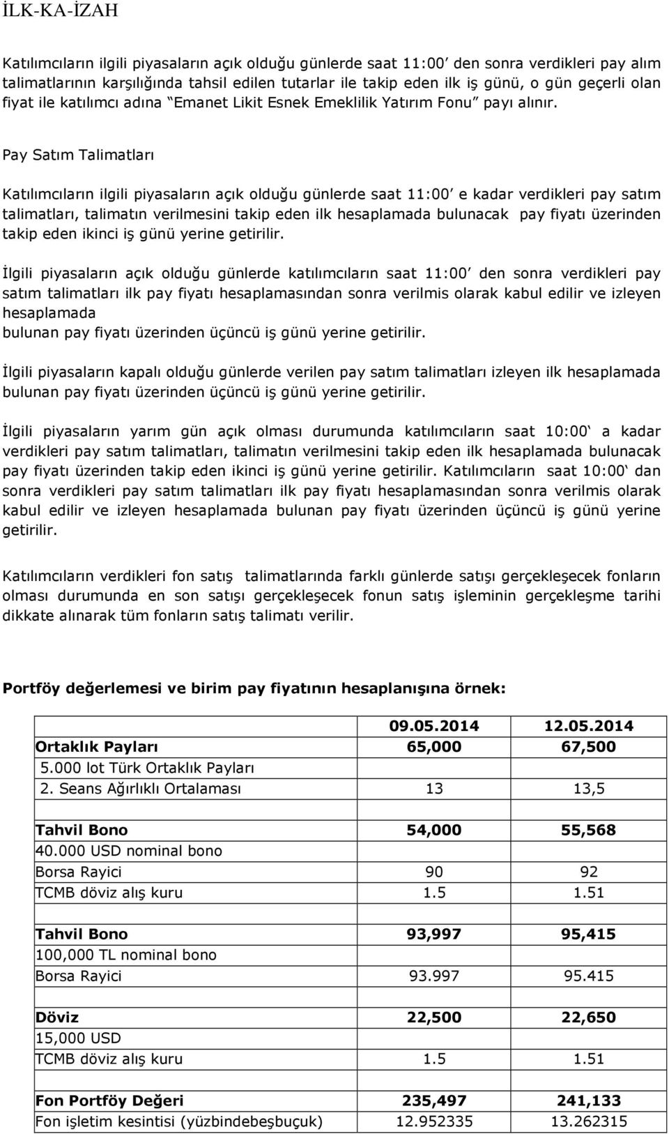 Pay Satım Talimatları Katılımcıların ilgili piyasaların açık olduğu günlerde saat 11:00 e kadar verdikleri pay satım talimatları, talimatın verilmesini takip eden ilk hesaplamada bulunacak pay fiyatı