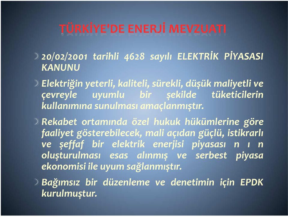 Rekabet ortamında özel hukuk hükümlerine göre faaliyet gösterebilecek, mali açıdan güçlü, istikrarlı ve şeffaf bir elektrik