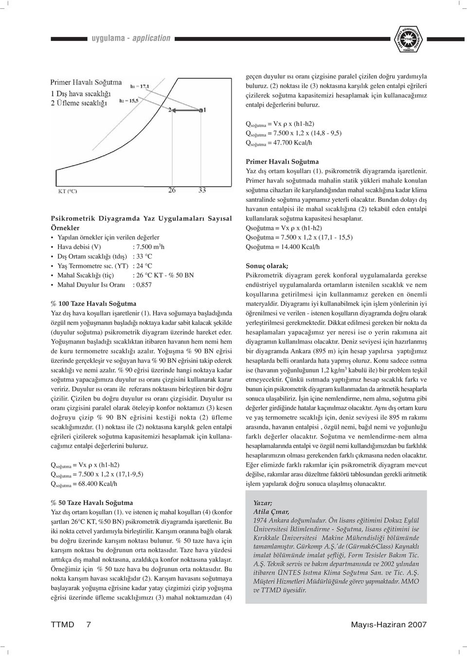 500 x 1,2 x (14,8-9,5) Q so utma = 47.700 Kcal/h Psikrometrik Diyagramda Yaz Uygulamaları Sayısal Örnekler Yap lan örnekler için verilen de erler Hava debisi (V) : 7.