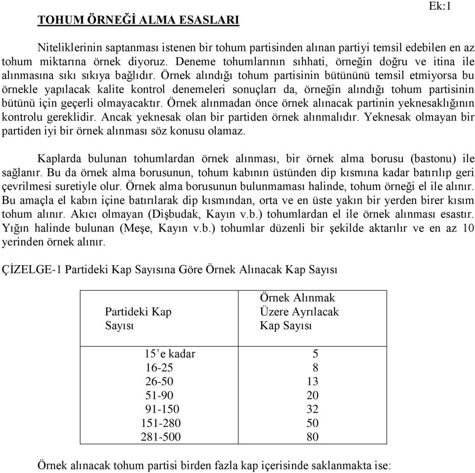 Örnek alındığı tohum partisinin bütününü temsil etmiyorsa bu örnekle yapılacak kalite kontrol denemeleri sonuçları da, örneğin alındığı tohum partisinin bütünü için geçerli olmayacaktır.