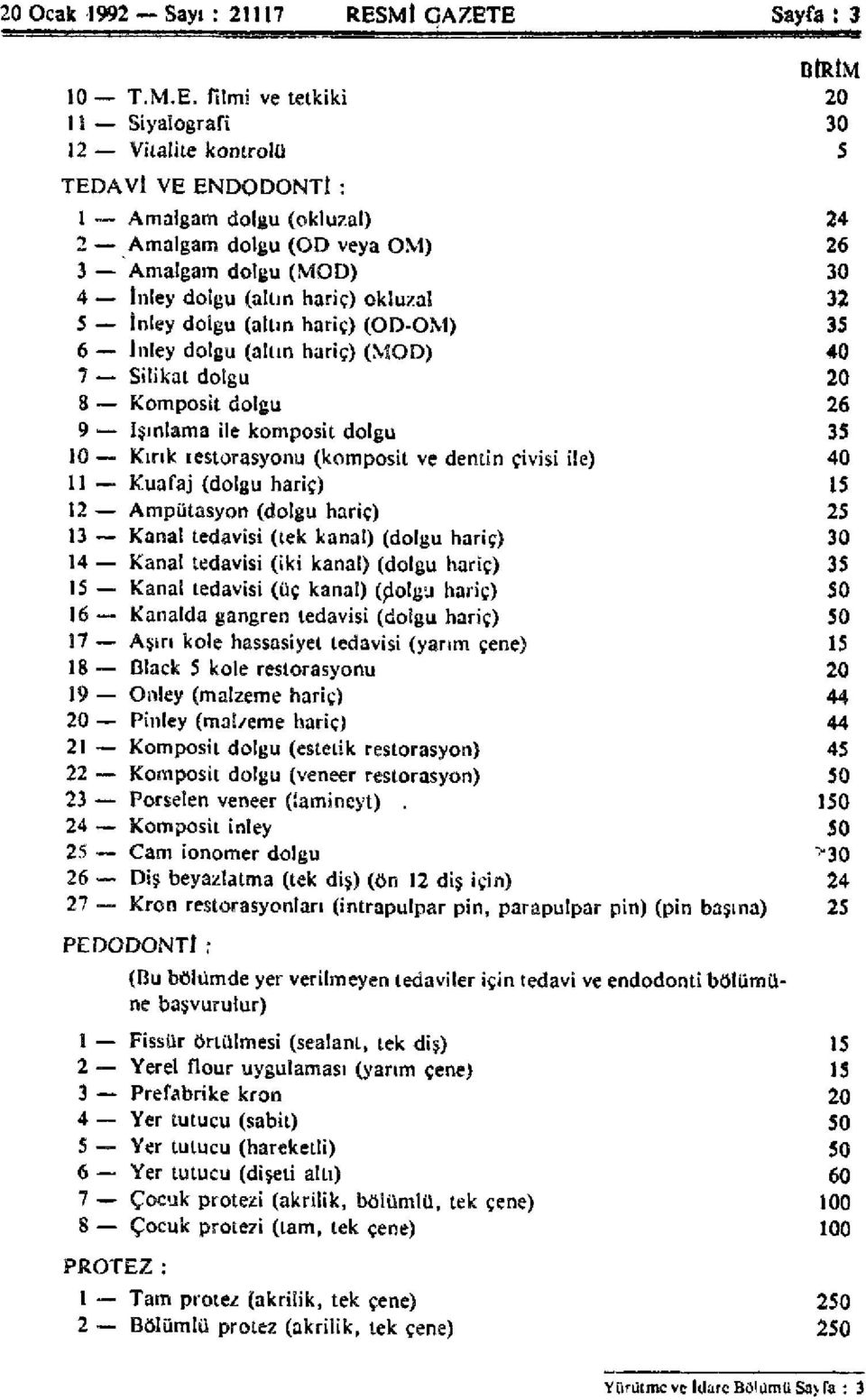 E Sayfa : 3 BİRİM 10 T.M.E. filmi ve tetkiki 20 11 Siyalografi 30 5 12 Viıalite kontrolü TEDAVİ VE ENDODONTİ : 1 Amalgam dolgu (okluzal) 24 2 Amalgam dolgu (OD veya OM) 26 3 Amalgam dolgu (MOD) 30 4