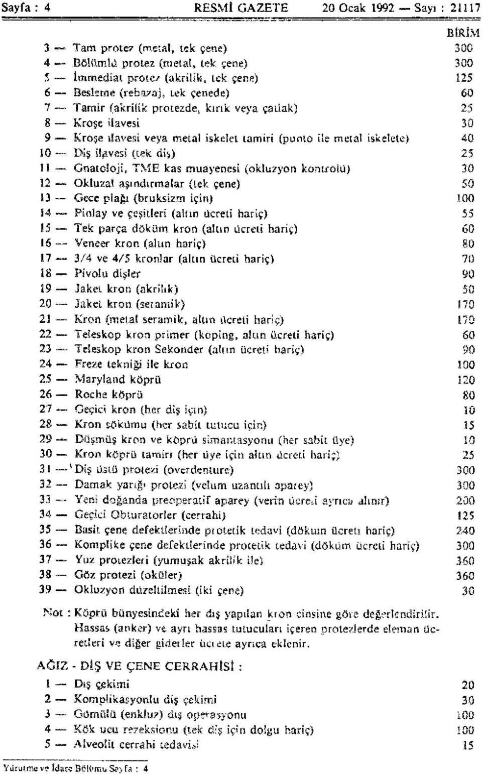 ?vesi (tek diş) 25 11 Gnatoloji, TM E kas muayenesi (okluzyon kontrolü) 30 12 - Okluzal aşındırmalar (tek çene) 50 13 Gece plağı (bruksizm için) 100 14 Pinlay ve çeşitleri (altın ücreti hariç) 55 15