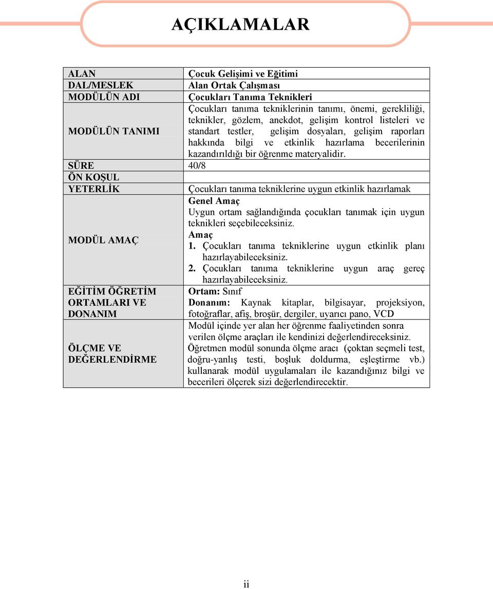 SÜRE 40/8 ÖN KOġUL YETERLĠK MODÜL AMAÇ EĞĠTĠM ÖĞRETĠM ORTAMLARI VE DONANIM ÖLÇME VE DEĞERLENDĠRME AÇIKLAMALAR Çcukları tanıma tekniklerine uygun etkinlik hazırlamak Genel Amaç Uygun rtam