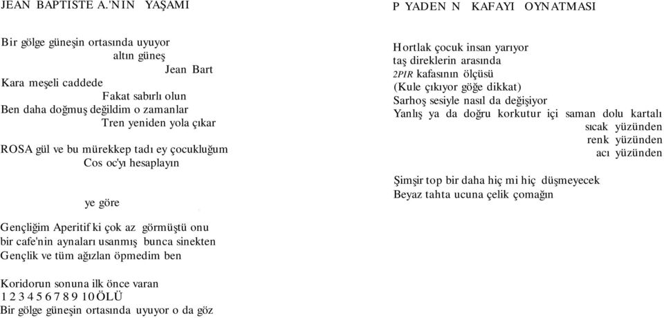 gül ve bu mürekkep tadı ey çocukluğum Cos oc'yı hesaplayın ye göre Hortlak çocuk insan yarıyor taş direklerin arasında 2PIR kafasının ölçüsü (Kule çıkıyor göğe dikkat) Sarhoş sesiyle nasıl da