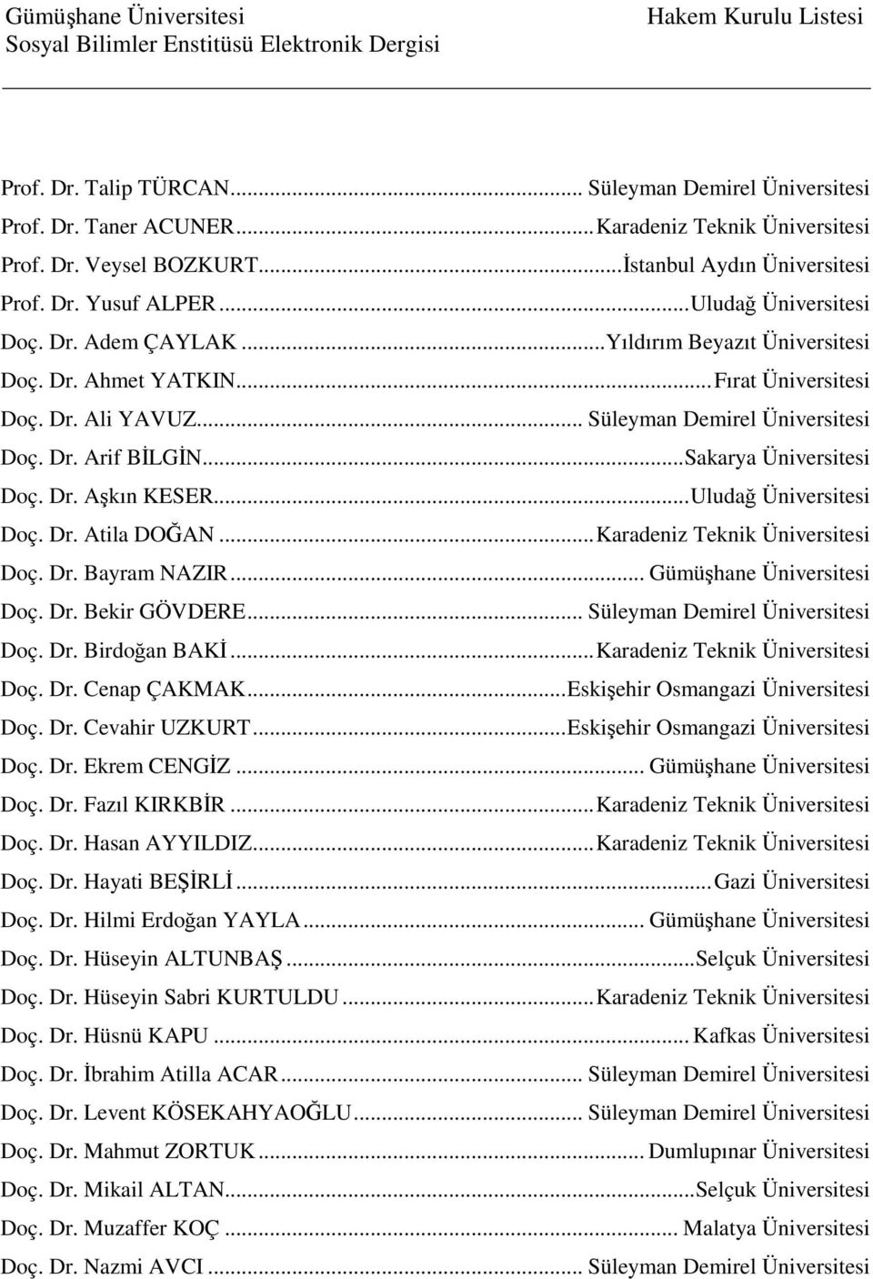 .. Fırat Üniversitesi Doç. Dr. Ali YAVUZ... Süleyman Demirel Üniversitesi Doç. Dr. Arif BİLGİN... Sakarya Üniversitesi Doç. Dr. Aşkın KESER... Uludağ Üniversitesi Doç. Dr. Atila DOĞAN.