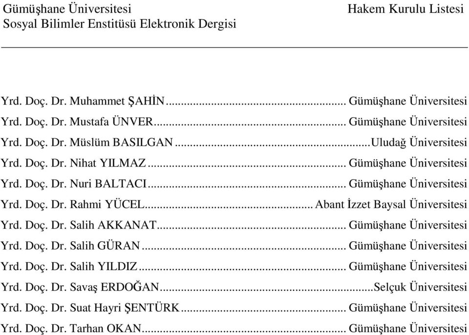 .. Gümüşhane Üniversitesi Yrd. Doç. Dr. Rahmi YÜCEL... Abant İzzet Baysal Üniversitesi Yrd. Doç. Dr. Salih AKKANAT... Gümüşhane Üniversitesi Yrd. Doç. Dr. Salih GÜRAN.