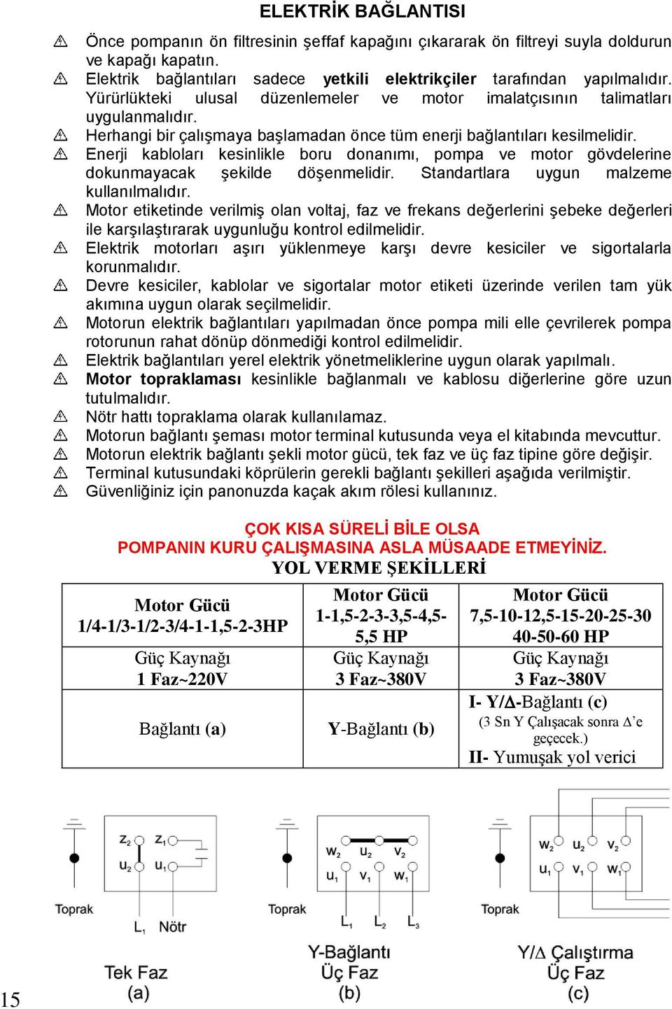 Enerji kabloları kesinlikle boru donanımı, pompa ve motor gövdelerine dokunmayacak şekilde döşenmelidir. Standartlara uygun malzeme kullanılmalıdır.