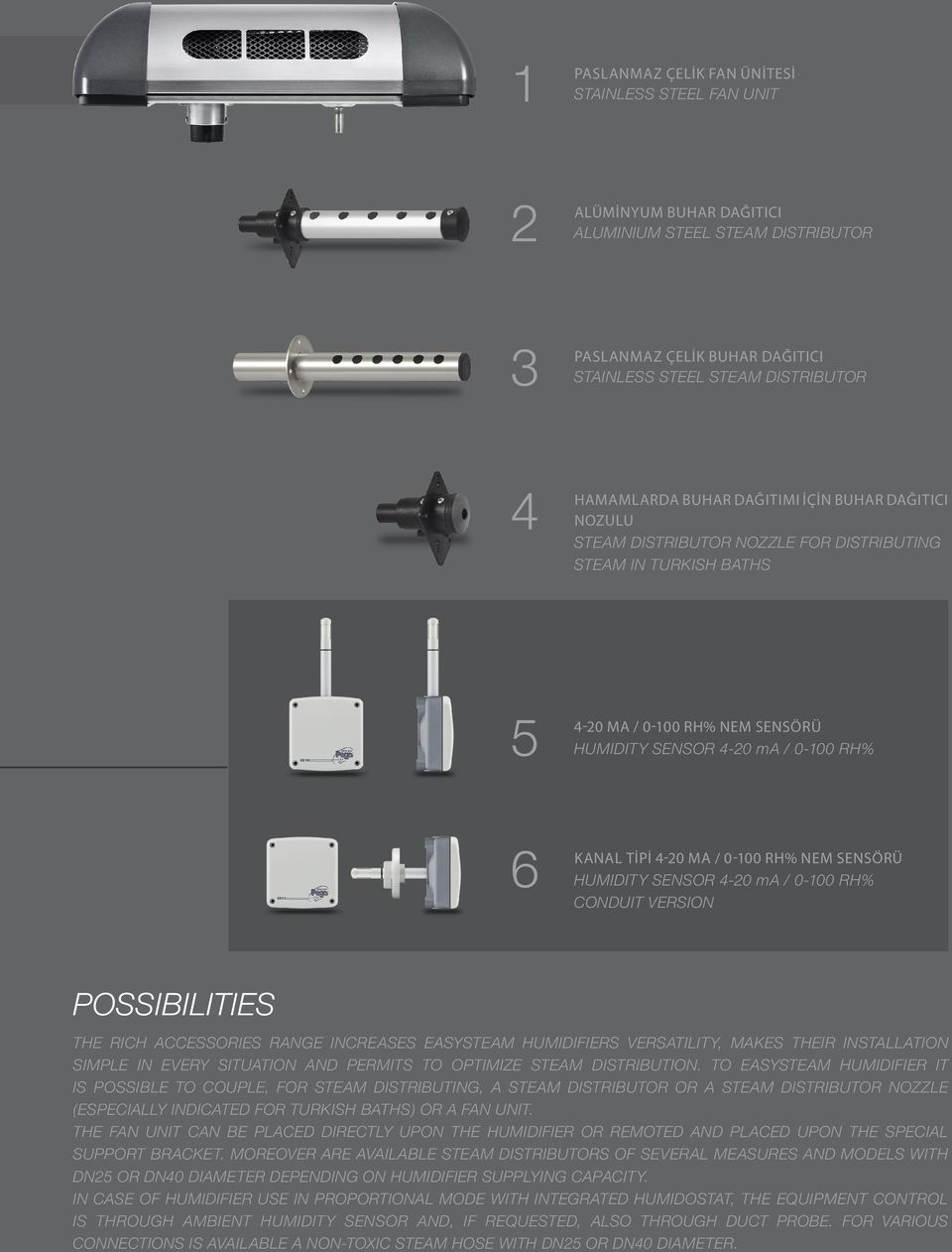 0-100 RH% NEM SENSÖRÜ HUMIDITY SENSOR 4-20 ma / 0-100 RH% CONDUIT VERSION POSSIBILITIES THE RICH ACCESSORIES RANGE INCREASES EASYSTEAM HUMIDIFIERS VERSATILITY, MAKES THEIR INSTALLATION SIMPLE IN