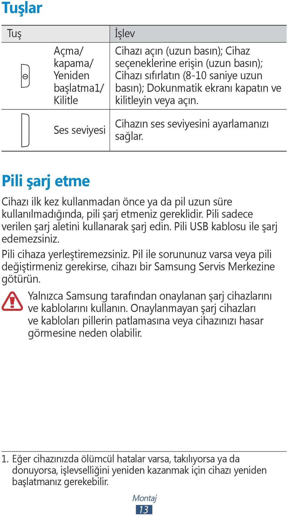 Pili sadece verilen şarj aletini kullanarak şarj edin. Pili USB kablosu ile şarj edemezsiniz. Pili cihaza yerleştiremezsiniz.