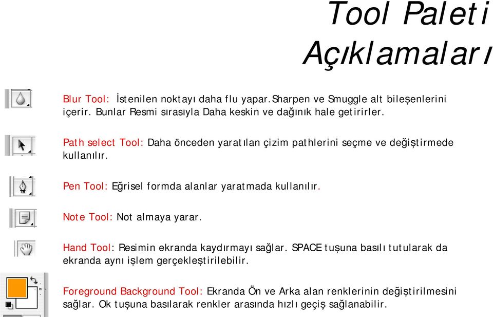 Pen Tool: Eğrisel formda alanlar yaratmada kullanılır. Note Tool: Not almaya yarar. Hand Tool: Resimin ekranda kaydırmayı sağlar.