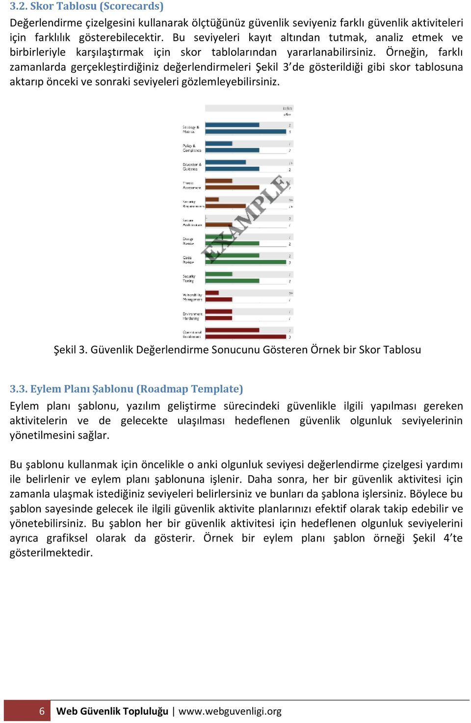 Örneğin, farklı zamanlarda gerçekleştirdiğiniz değerlendirmeleri Şekil 3 de gösterildiği gibi skor tablosuna aktarıp önceki ve sonraki seviyeleri gözlemleyebilirsiniz. Şekil 3. Güvenlik Değerlendirme Sonucunu Gösteren Örnek bir Skor Tablosu 3.