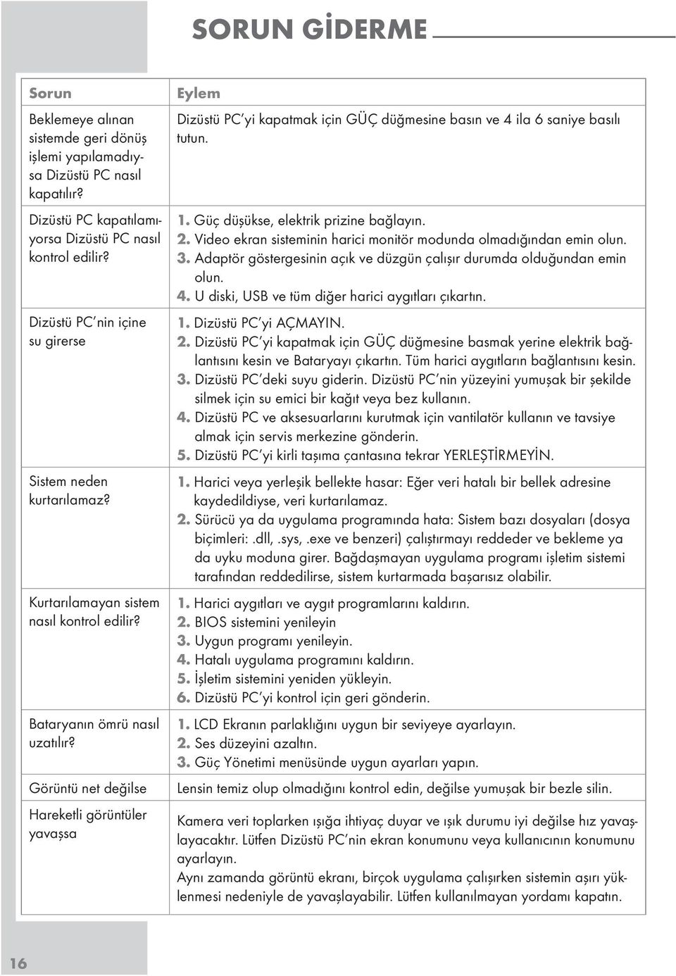 Görüntü net değilse Hareketli görüntüler yavaşsa Eylem Dizüstü PC yi kapatmak için GÜÇ düğmesine basın ve 4 ila 6 saniye basılı tutun. 1. Güç düşükse, elektrik prizine bağlayın. 2.