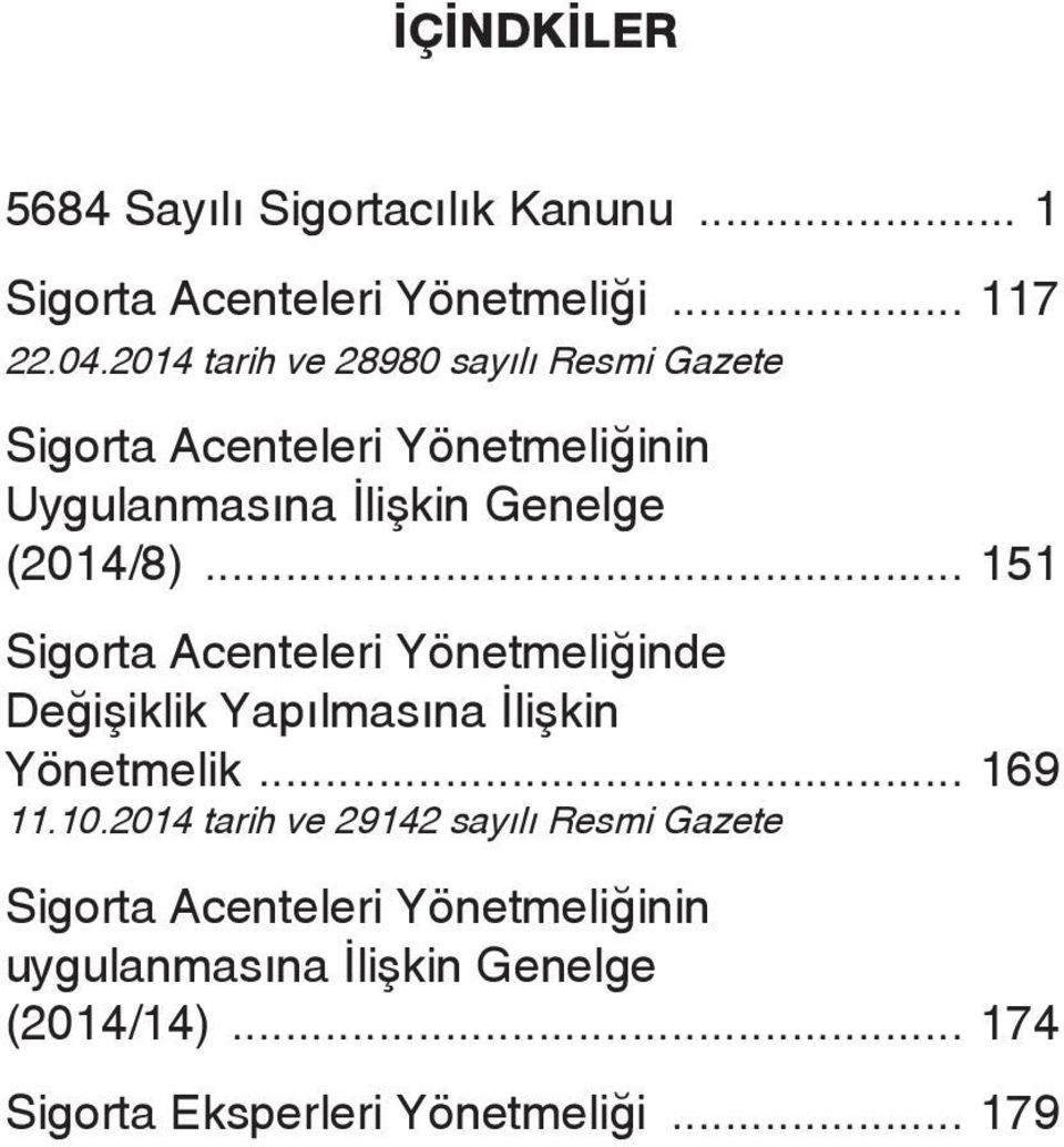 .. 151 Acenteleri Yönetmeliğinde Değişiklik Yapılmasına İlişkin Yönetmelik... 169 11.10.