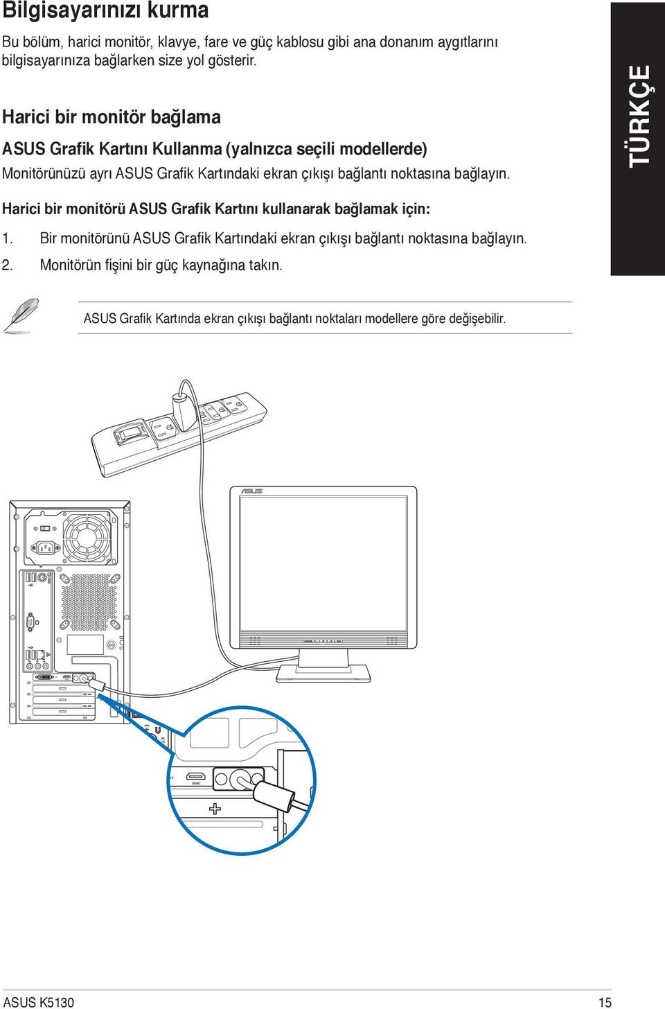 Harici bir monitör bağlama ASUS Grafik Kartını Kullanma (yalnızca seçili modellerde) Monitörünüzü ayrı ASUS Grafik Kartındaki ekran çıkışı bağlantı