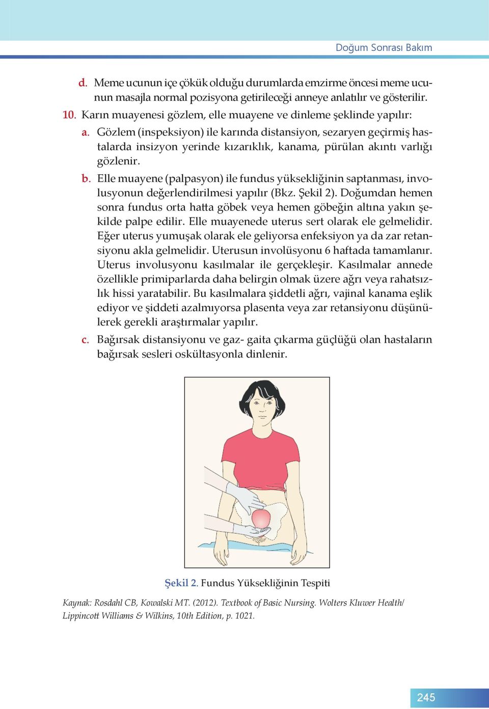 Gözlem (inspeksiyon) ile karında distansiyon, sezaryen geçirmiş hastalarda insizyon yerinde kızarıklık, kanama, pürülan akıntı varlığı gözlenir. b.