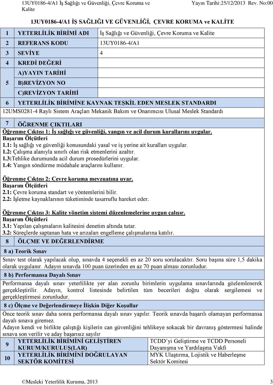 Mekanik Bakım ve Onarımcısı Ulusal Meslek Standardı 7 ÖĞRENME ÇIKTILARI Öğrenme Çıktısı 1: İş sağlığı ve güvenliği, yangın ve acil durum kurallarını uygular. Başarım Ölçütleri 1.