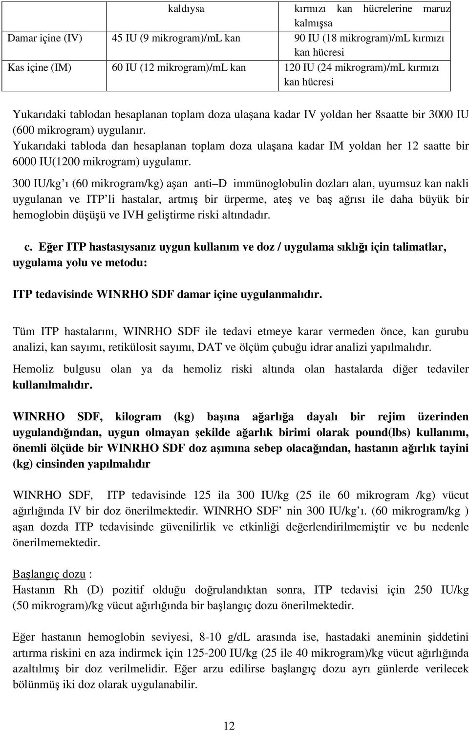 Yukarıdaki tabloda dan hesaplanan toplam doza ulaşana kadar IM yoldan her 12 saatte bir 6000 IU(1200 mikrogram) uygulanır.