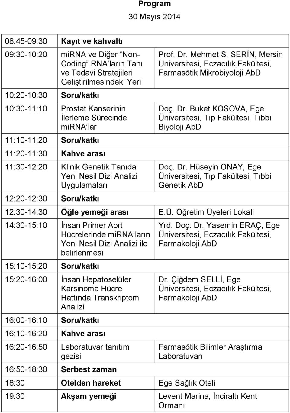 SERİN, Mersin Üniversitesi, Eczacılık Fakültesi, Farmasötik Mikrobiyoloji AbD Doç. Dr. Buket KOSOVA, Ege Üniversitesi, Tıp Fakültesi, Tıbbi Biyoloji AbD Doç. Dr. Hüseyin ONAY, Ege Üniversitesi, Tıp Fakültesi, Tıbbi Genetik AbD 12:30-14:30 Öğle yemeği arası E.