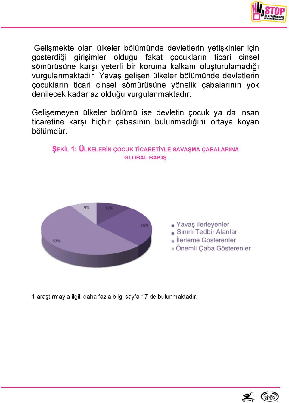 Yavaş gelişen ülkeler bölümünde devletlerin çocukların ticari cinsel sömürüsüne yönelik çabalarının yok denilecek kadar az olduğu vurgulanmaktadır.