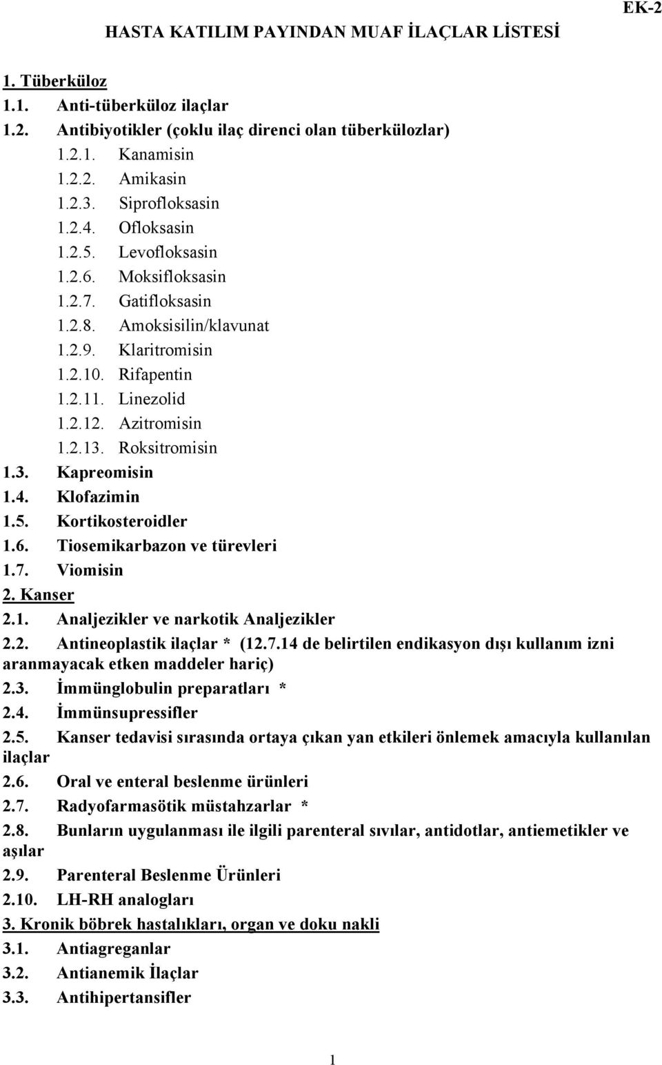 Azitromisin 1.2.13. Roksitromisin 1.3. Kapreomisin 1.4. Klofazimin 1.5. Kortikosteroidler 1.6. Tiosemikarbazon ve türevleri 1.7. Viomisin 2. Kanser 2.1. Analjezikler ve narkotik Analjezikler 2.2. Antineoplastik ilaçlar * (12.