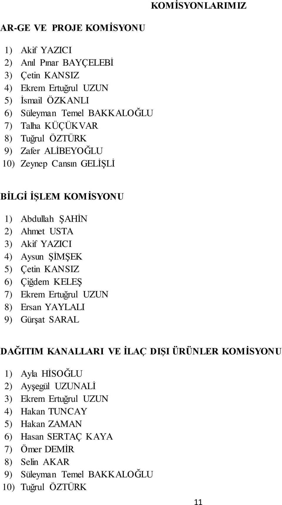 Aysun ŞİMŞEK 5) Çetin KANSIZ 6) Çiğdem KELEŞ 7) Ekrem Ertuğrul UZUN 8) Ersan YAYLALI 9) Gürşat SARAL DAĞITIM KANALLARI VE İLAÇ DIŞI ÜRÜNLER KOMİSYONU 1) Ayla