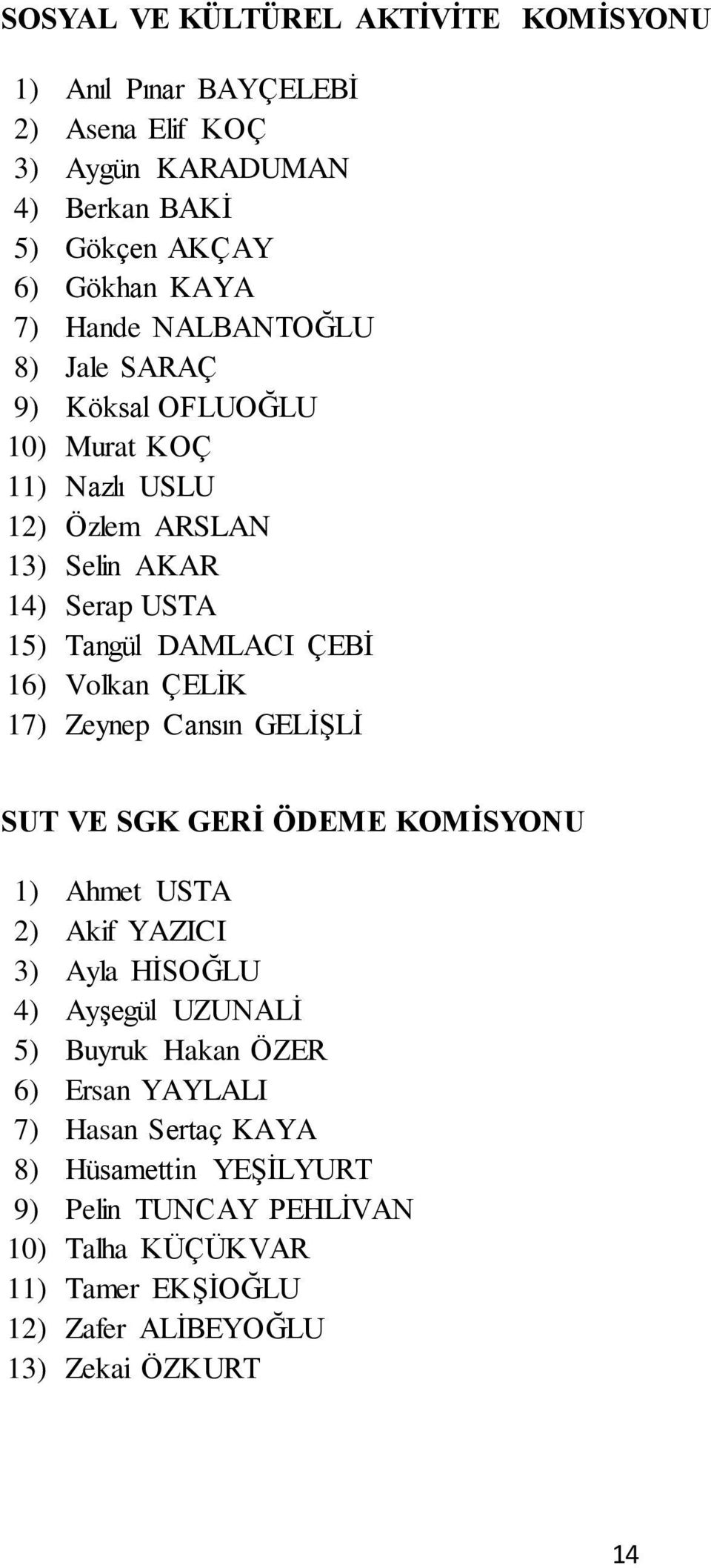 ÇELİK 17) Zeynep Cansın GELİŞLİ SUT VE SGK GERİ ÖDEME KOMİSYONU 1) Ahmet USTA 2) Akif YAZICI 3) Ayla HİSOĞLU 4) Ayşegül UZUNALİ 5) Buyruk Hakan ÖZER 6)