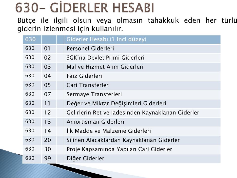 Giderleri 630 05 Cari Transferler 630 07 Sermaye Transferleri 630 11 Değer ve Miktar Değişimleri Giderleri 630 12 Gelirlerin Ret ve İadesinden