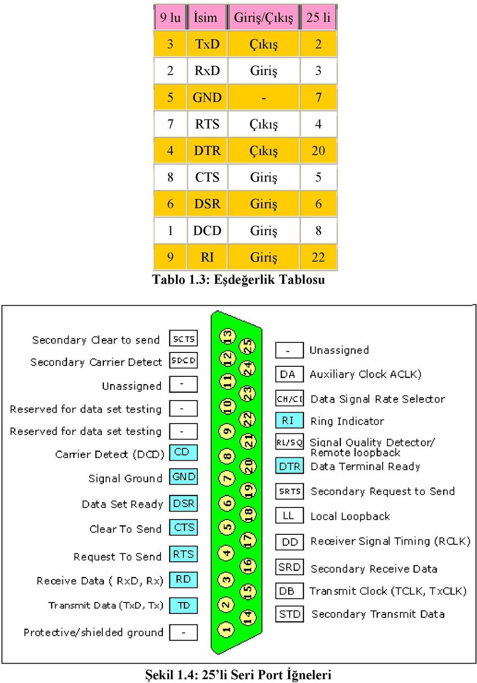 5 6 DSR Giriş 6 1 DCD Giriş 8 9 RI Giriş 22 Tablo 1.