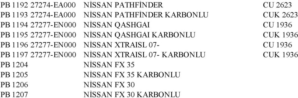 PB 1196 27277-EN000 NİSSAN XTRAISL 07- CU 1936 PB 1197 27277-EN000 NİSSAN XTRAISL 07- KARBONLU CUK