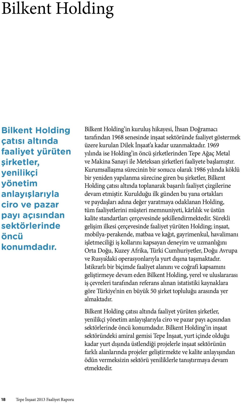 1969 yılında ise Holding in öncü şirketlerinden Tepe Ağaç Metal ve Makina Sanayi ile Meteksan şirketleri faaliyete başlamıştır.