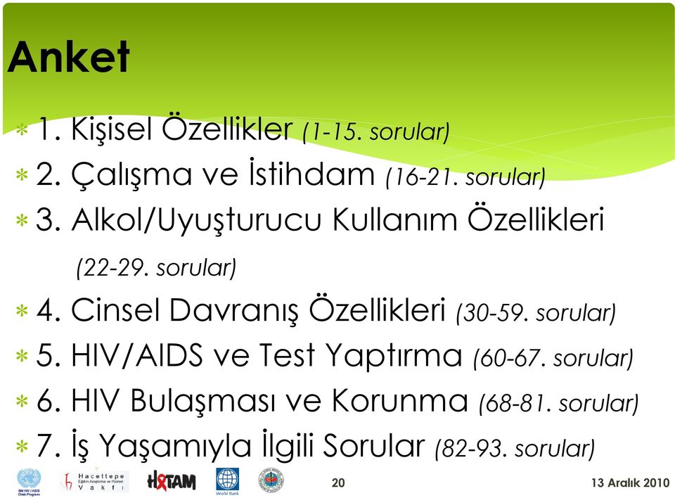 Cinsel Davranış Özellikleri (30-59. sorular) 5. HIV/AIDS ve Test Yaptırma (60-67.