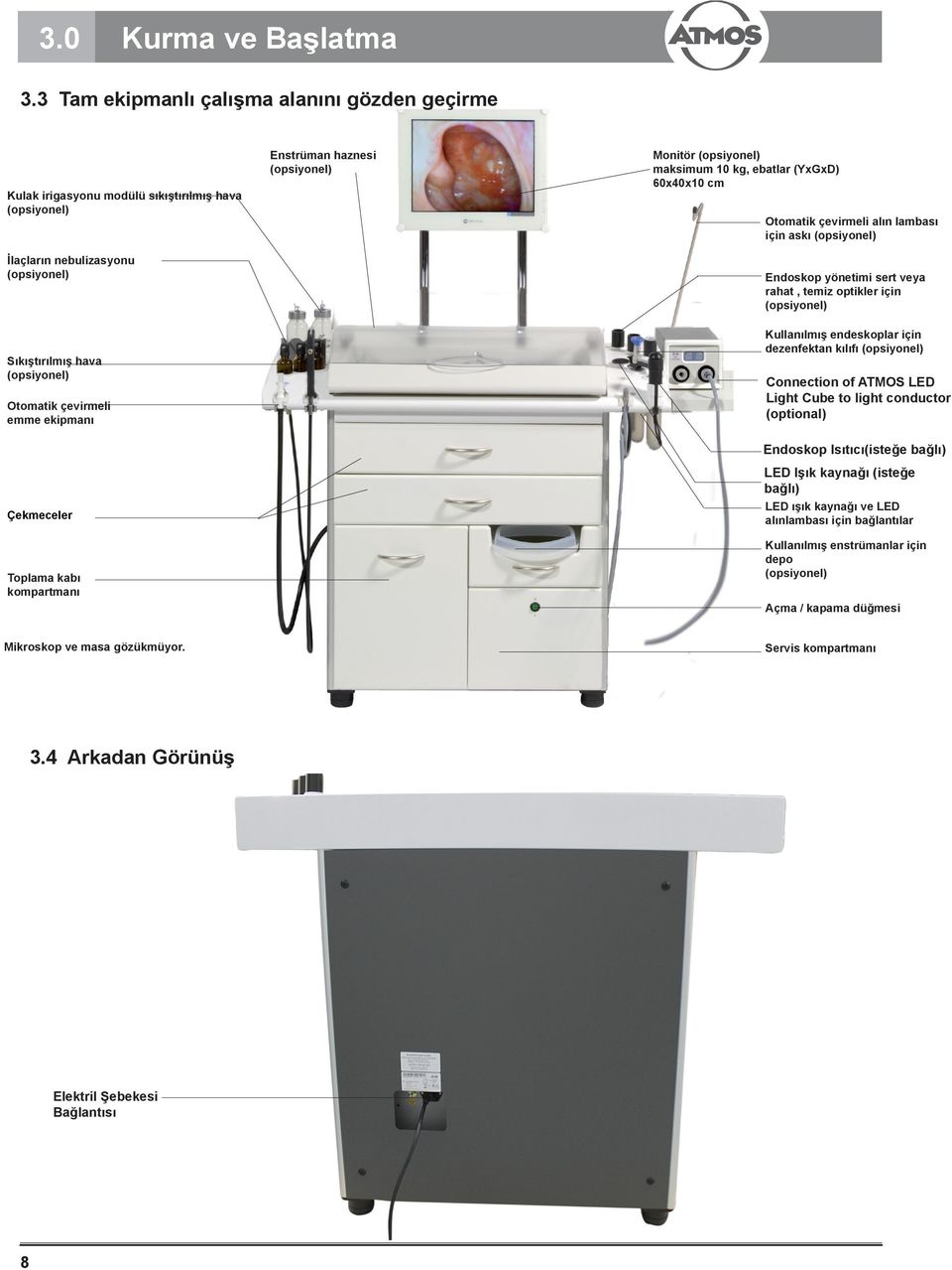 ekipmanı Çekmeceler Toplama kabı kompartmanı Enstrüman haznesi (opsiyonel) Monitör (opsiyonel) maksimum 10 kg, ebatlar (YxGxD) 60x40x10 cm Otomatik çevirmeli alın lambası için askı (opsiyonel)