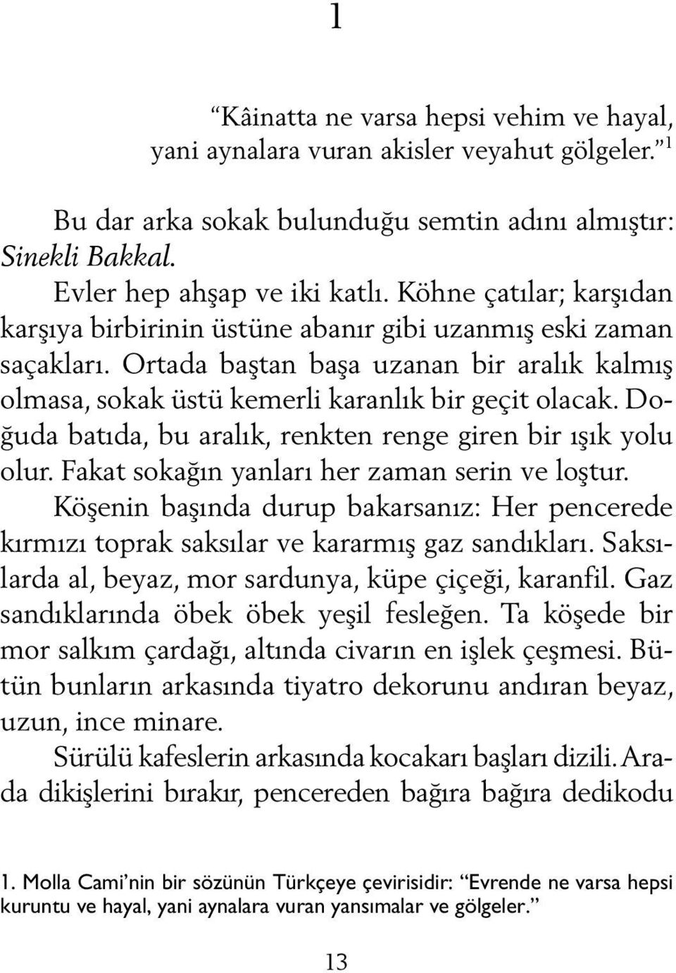 Doğuda batıda, bu aralık, renkten renge giren bir ışık yolu olur. Fakat sokağın yanları her zaman serin ve loştur.