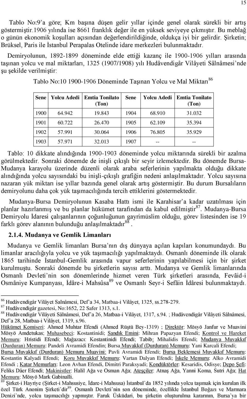 Demiryolunun, 1892-1899 döneminde elde ettiği kazanç ile 1900-1906 yılları arasında taģınan yolcu ve mal miktarları, 1325 (1907/1908) yılı Hudâvendigâr Vilâyeti Sâlnâmesi nde Ģu Ģekilde verilmiģtir: