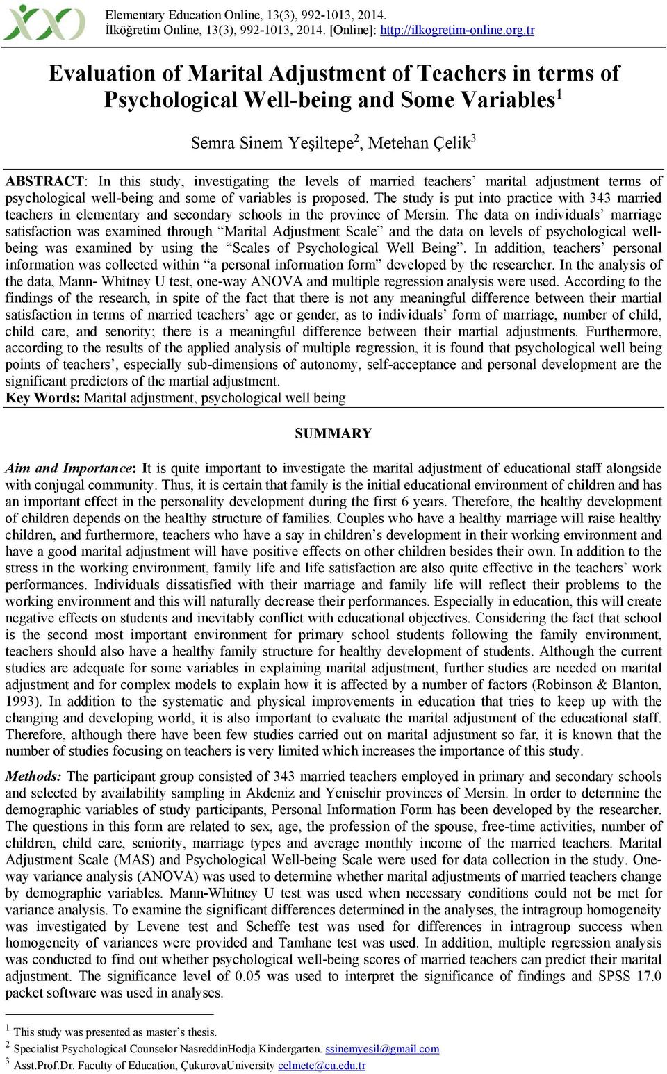 married teachers marital adjustment terms of psychological well-being and some of variables is proposed.