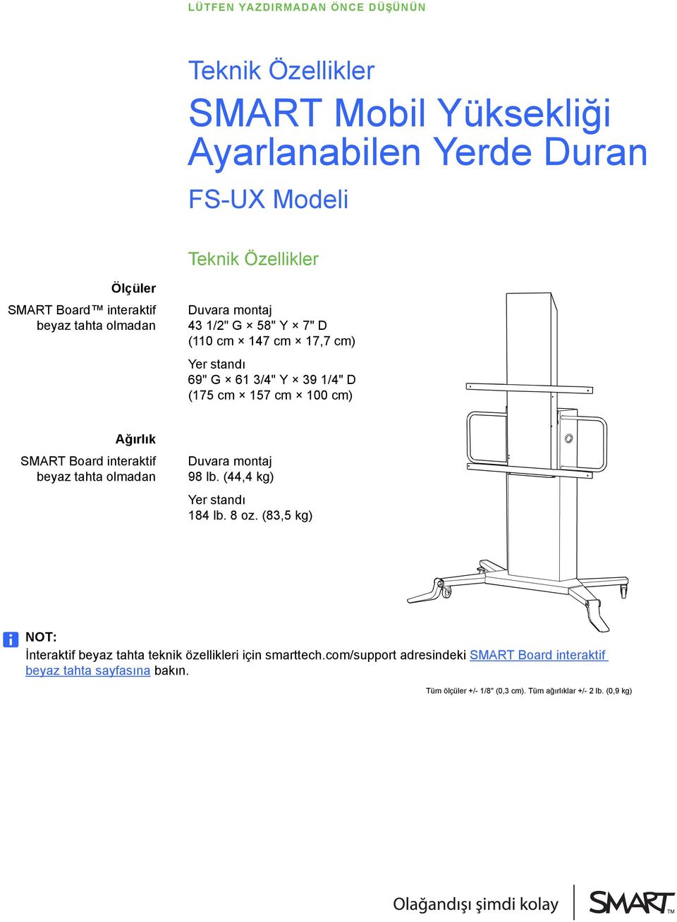 SMART Board interaktif 98 lb. (44,4 kg) 184 lb. 8 oz. (83,5 kg) NOT: İnteraktif beyaz tahta teknik özellikleri için smarttech.