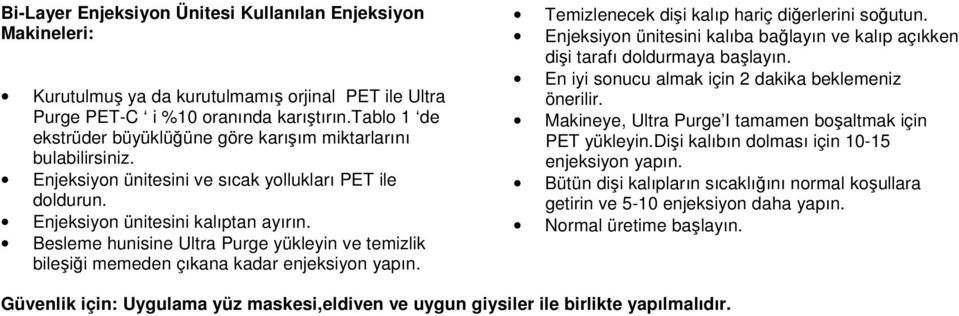 Besleme hunisine Ultra Purge yükleyin ve temizlik bileşiği memeden çıkana kadar enjeksiyon yapın. Temizlenecek dişi kalıp hariç diğerlerini soğutun.