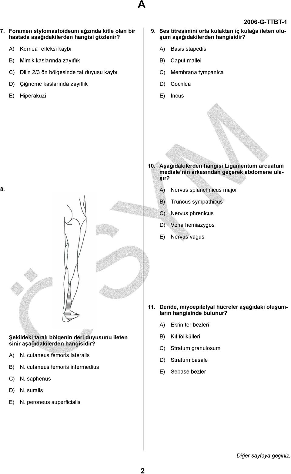 Ses titreşimini orta kulaktan iç kulağa ileten oluşum aşağıdakilerden hangisidir? A) Basis stapedis B) Caput mallei C) Membrana tympanica D) Cochlea E) Incus 10.